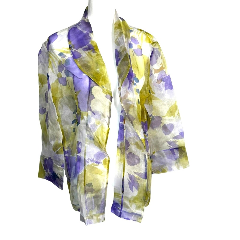 CHICO'S NWT‎ Women's XL 100% Silk Yellow Purple Floral Sheer Open Cover Up Shirt